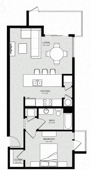 Floor plan for 1 bed, 1 bath, 780 sqft